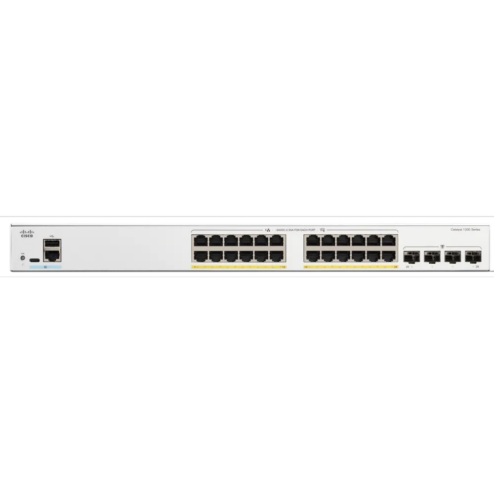 مفتاح ذكي Cisco Catalyst C1200-24P-4G، 24 منفذ GE، PoE، 4x1GE SFP، حماية محدودة مدى الحياة 