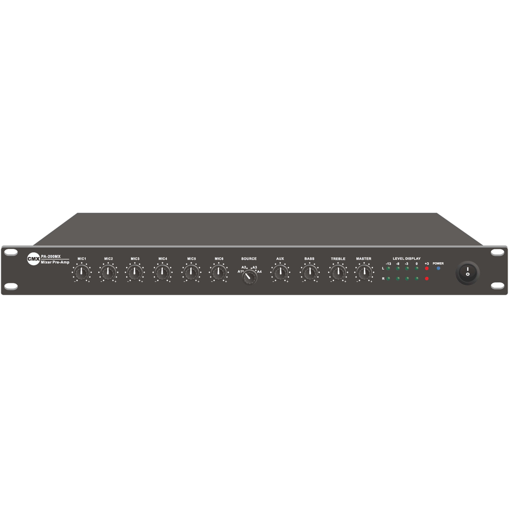 CMX PA-200MX، خلاط ستيريو مسبق التضخيم مزود بـ 11 مدخلًا، مع 6 مداخل ميكروفون/خط، وطاقة فانتوم 48 فولت، وطاقة تيار متردد/مستمر مزدوجة، ووحدة واحدة للتركيب على الرف