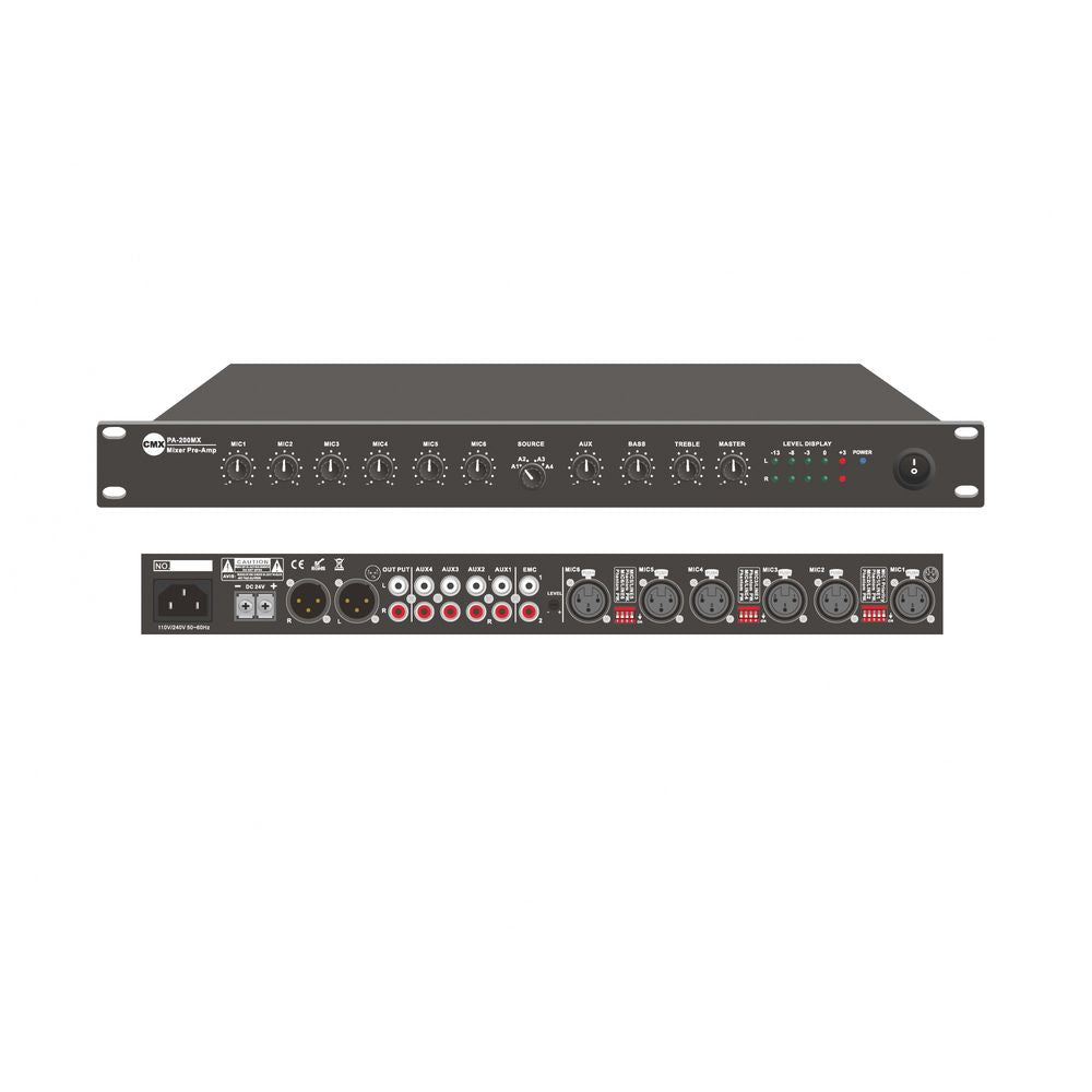 CMX PA-200MX، خلاط ستيريو مسبق التضخيم مزود بـ 11 مدخلًا، مع 6 مداخل ميكروفون/خط، وطاقة فانتوم 48 فولت، وطاقة تيار متردد/مستمر مزدوجة، ووحدة واحدة للتركيب على الرف