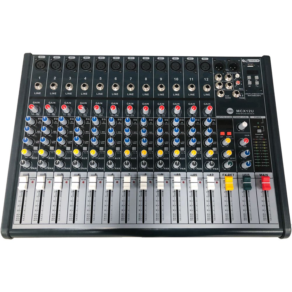CMX 12-Channel Audio Mixer with USB, 16 DSP Effects, 3-Band EQ, 48V Phantom Power, AUX Send & Group Out for Mosque Sound Systems