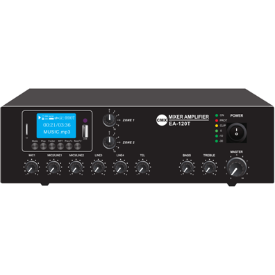 CMX 2 Zone 120W Mixer Amplifier with USB/SD/FM/Bluetooth, 3 Mic, 2 Aux,70V/100V/4-16 Ohm.