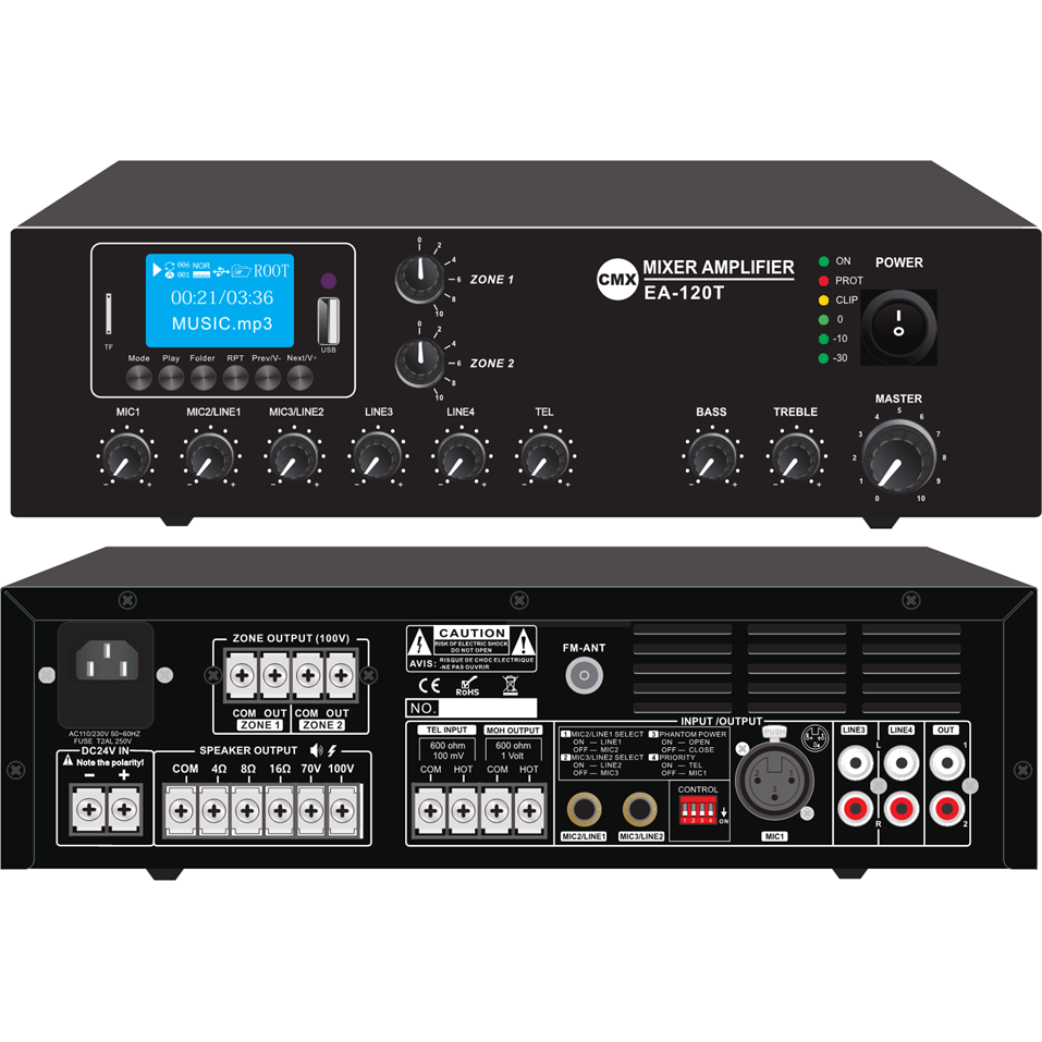 CMX 2 Zone 120W Mixer Amplifier with USB/SD/FM/Bluetooth, 3 Mic, 2 Aux,70V/100V/4-16 Ohm.