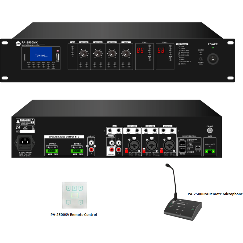 مضخم صوت CMX 2 Zone Mixer مع USB/SD/FM/بلوتوث، 3 ميكروفون، 2 Aux، مخرجين قناة 100 فولت/70 فولت/4 أوم/8 أوم، RMS 500 واط + 500 واط بواسطة قناتين