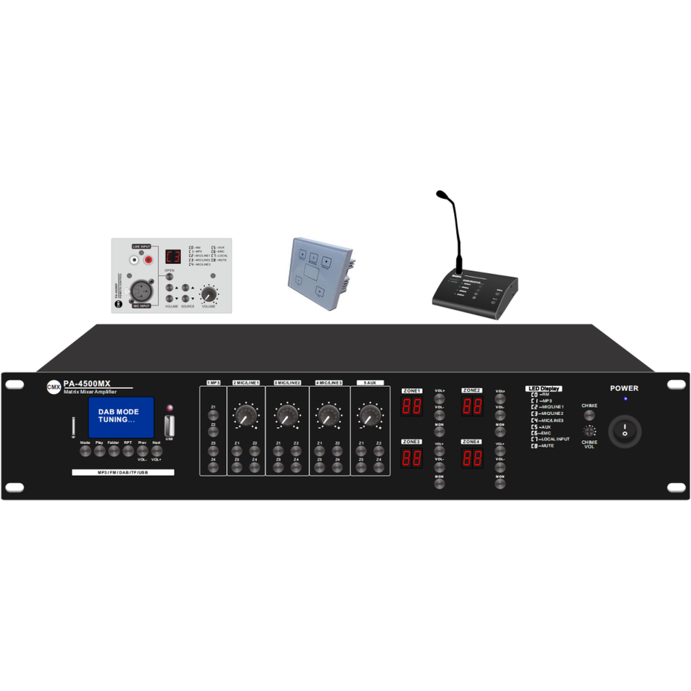 مضخم صوت CMX PA-4120MX رباعي المناطق مزود بمنفذ USB وبطاقة SD وFM وبلوتوث و3 مداخل ميكروفون ومخرجات 100 فولت/70 فولت/8 أوم