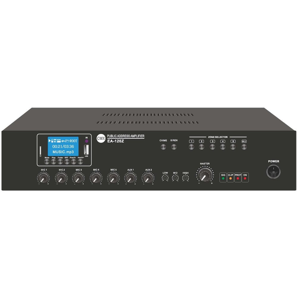 مضخم صوت CMX بخمس مناطق مع USB/SD/FM/بلوتوث، 120 واط RMS، 7 مداخل، أولوية الميكروفون، التحكم في المعادل، 100 فولت/70 فولت ومخرج 4-16 أوم