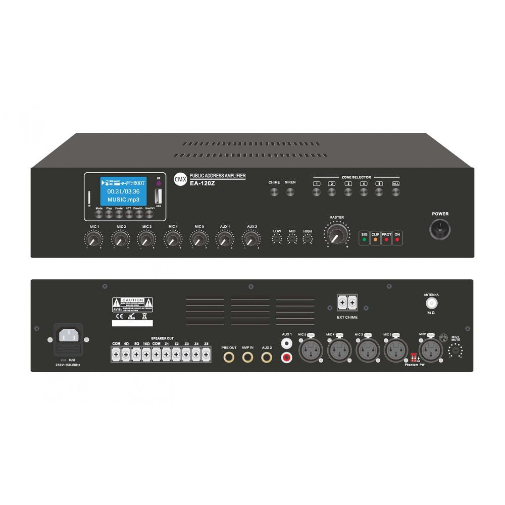 مضخم صوت CMX بخمس مناطق مع USB/SD/FM/بلوتوث، 240 واط RMS، 7 مداخل، أولوية الميكروفون، التحكم في المعادل، 100 فولت/70 فولت ومخرج 4-16 أوم