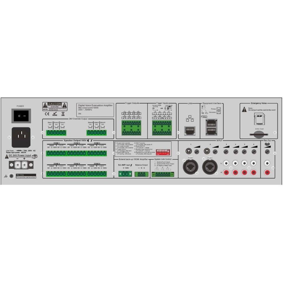 CMX EVAC-500 6-Zone Voice Evacuation Controller, 500W Amplifier, EN54-16 Certified, 100V Speaker Outputs, Fire Alarm Interface, DSP
