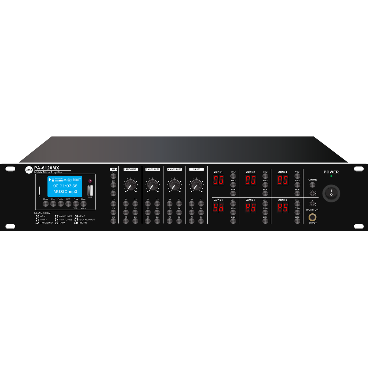 CMX PA-6240MX 240W 6-Zone Matrix Mixing Amplifier, USB/SD MP3 Player, FM Radio, Bluetooth, 100V PA Speaker System