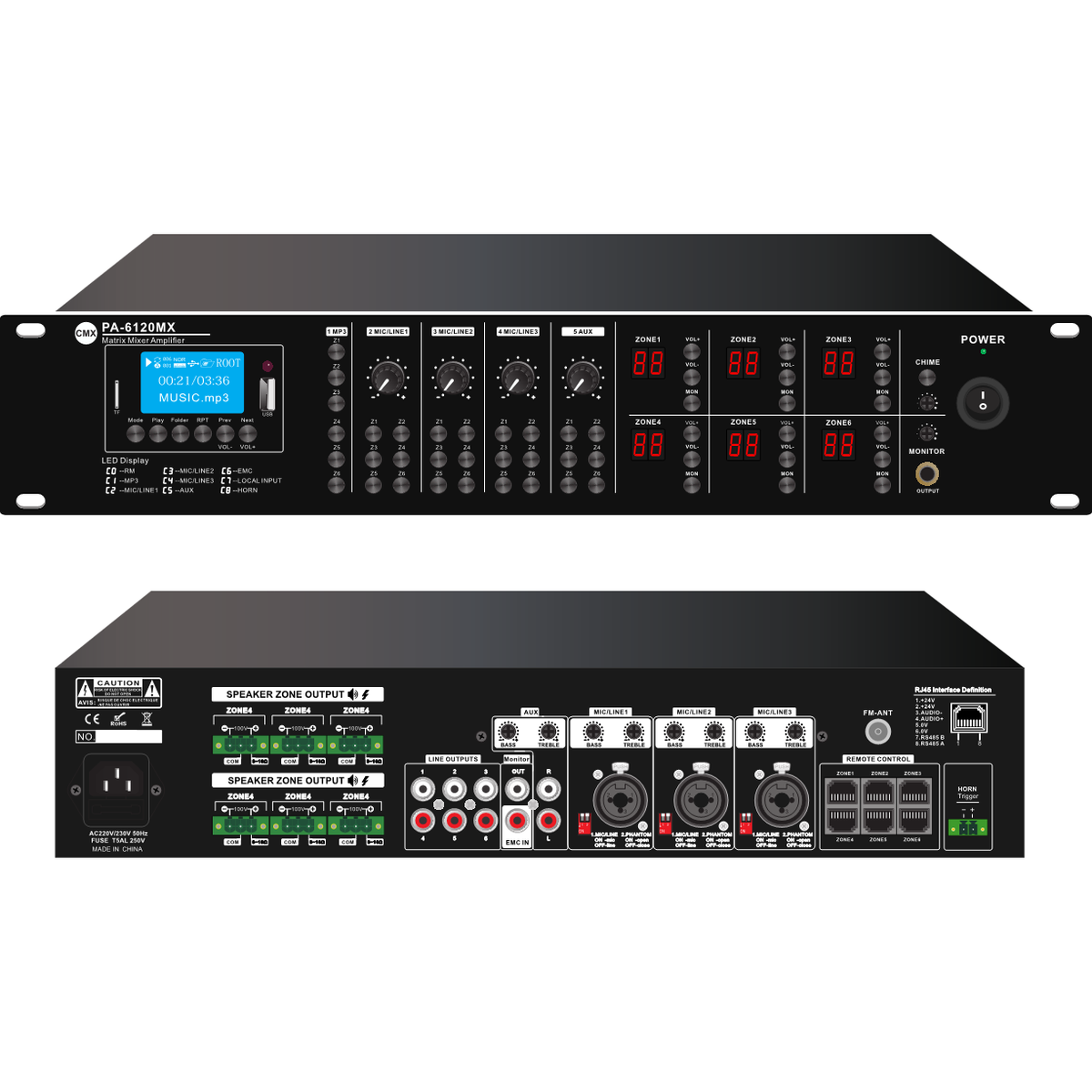 CMX PA-6240MX 240W 6-Zone Matrix Mixing Amplifier, USB/SD MP3 Player, FM Radio, Bluetooth, 100V PA Speaker System