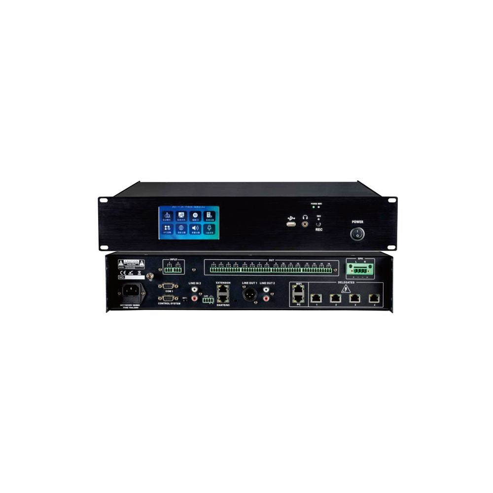 جهاز استضافة المؤتمرات الرقمي CMX WS-200MC بشاشة لمس 4.3 بوصة، يدعم ما يصل إلى 4096 ميكروفونًا سلكيًا و300 ميكروفون لاسلكي، مع إمكانية تتبع الكاميرا والتصويت