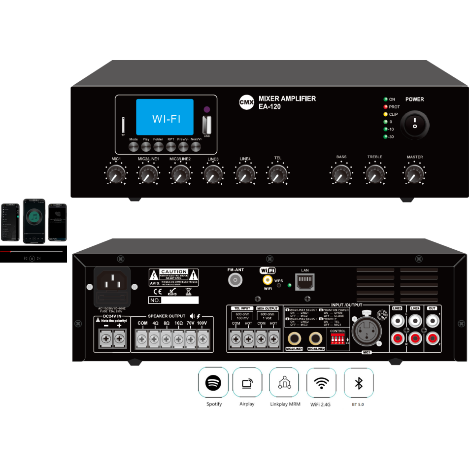 CMX 120W Tabletop Wi-Fi Internet Streaming Amplifier withUSB/SD/FM/Bluetooth, 3 Mic, 2 Aux, 100V & 8 Ohms