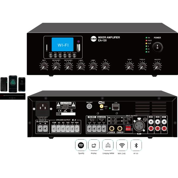 CMX 60W Tabletop Wi-Fi Internet Streaming Amplifier withUSB/SD/FM/Bluetooth, 3 Mic, 2 Aux, 100V & 8 Ohms