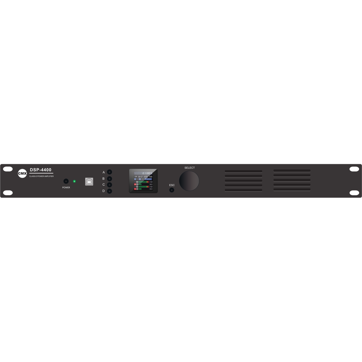 CMX DST-4400 Professional 4-Channel DSP Power Amplifier, 4×400W at 8Ω, 4×800W at 4Ω, 100V Output, 4-In/4-Out DSP, 1U Rackmount