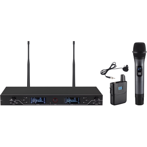 نظام ميكروفون لاسلكي CMX WM-U200C بتردد UHF، قناتان، ميكروفون يدوي وميكروفون صغير للثوب، تردد قابل للتعديل