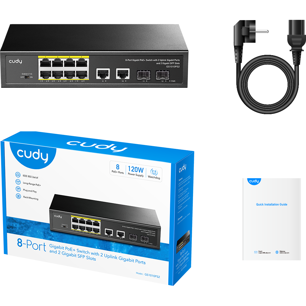 Cudy GS1010PS2 8-Port Gigabit PoE+ Switch with 2 Gigabit Uplink Ports, 2 SFP Ports, 120W PoE Budget