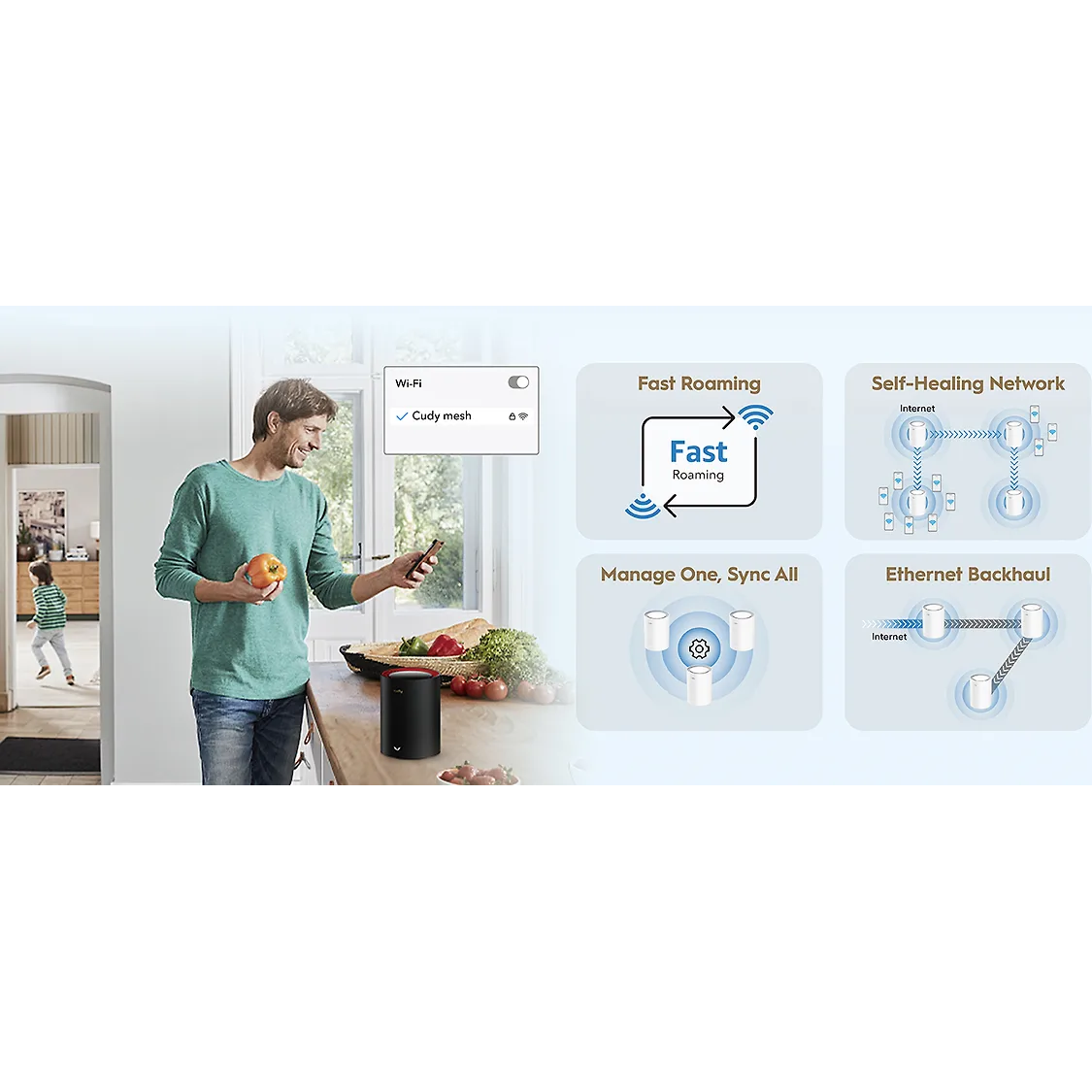 نظام Cudy M3000 1.0 AX3000 Mesh Wi‑Fi 6 مع شبكة WAN بسرعة 2.5 جيجابت في الثانية، ووحدة معالجة مركزية ثنائية النواة، ويدعم 200 جهاز وشبكة VPN (عبوة من 3 قطع)