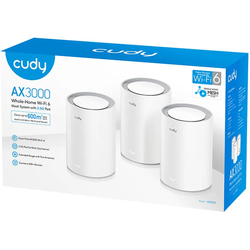 نظام Cudy M3000 1.0 AX3000 Mesh Wi‑Fi 6 مع شبكة WAN بسرعة 2.5 جيجابت في الثانية، ووحدة معالجة مركزية ثنائية النواة، ويدعم 200 جهاز وشبكة VPN (عبوة من 3 قطع)