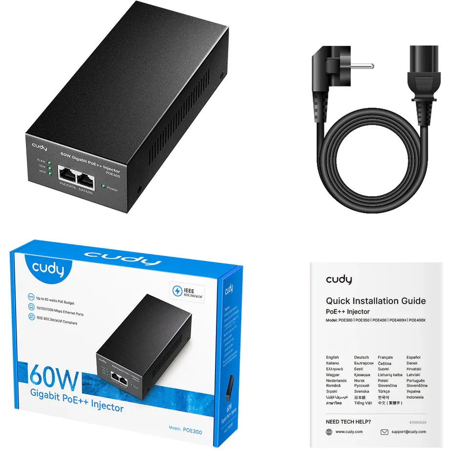 كودي POE300 2.0 محقن طاقة إيثرنت بقوة 30 واط، معيار IEEE 802.3af/at لنقل الطاقة عبر الإيثرنت بسرعة 2.0 جيجابت