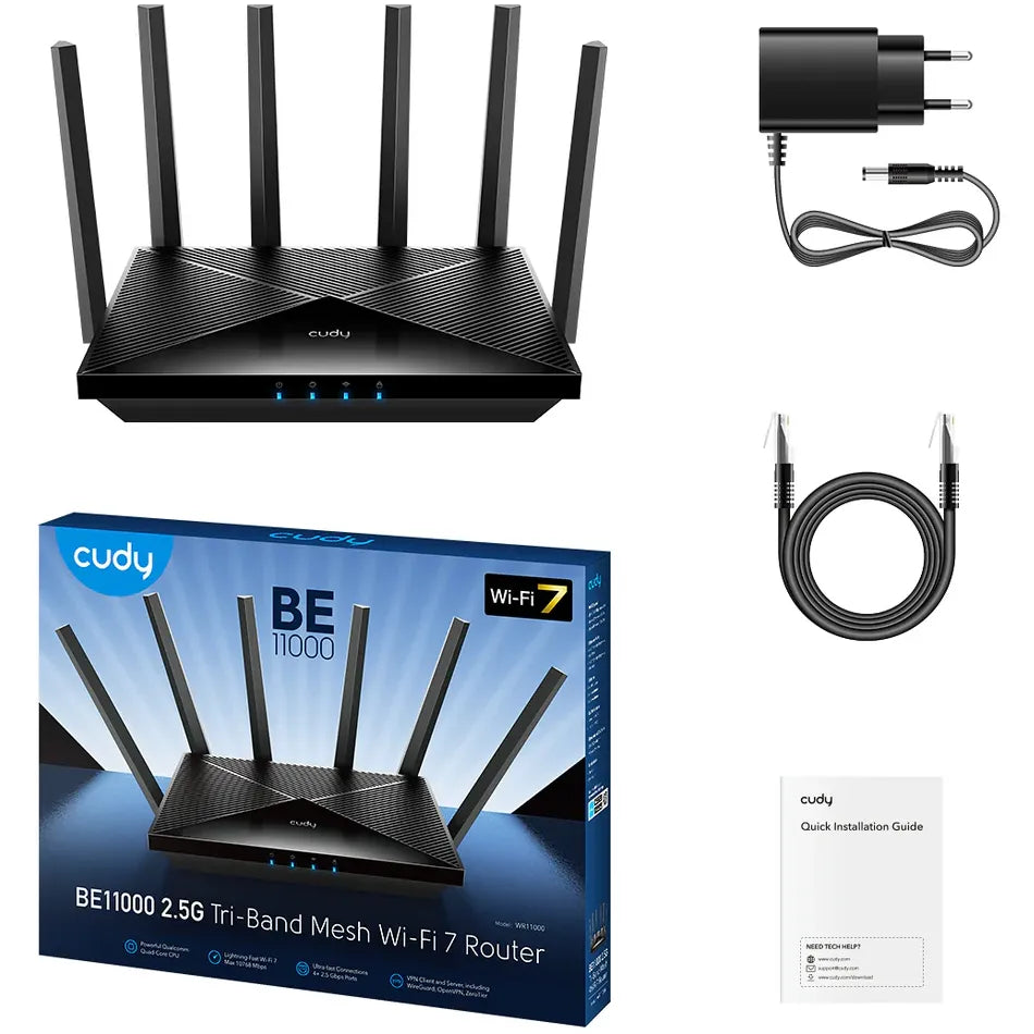 جهاز توجيه Cudy WR11000 Wi-Fi 7 ثلاثي النطاق الشبكي - حتى 11 جيجابت في الثانية، 4× 2.5 جيجا إيثرنت، 6 هوائيات، WPA3 ونظام Cudy Mesh