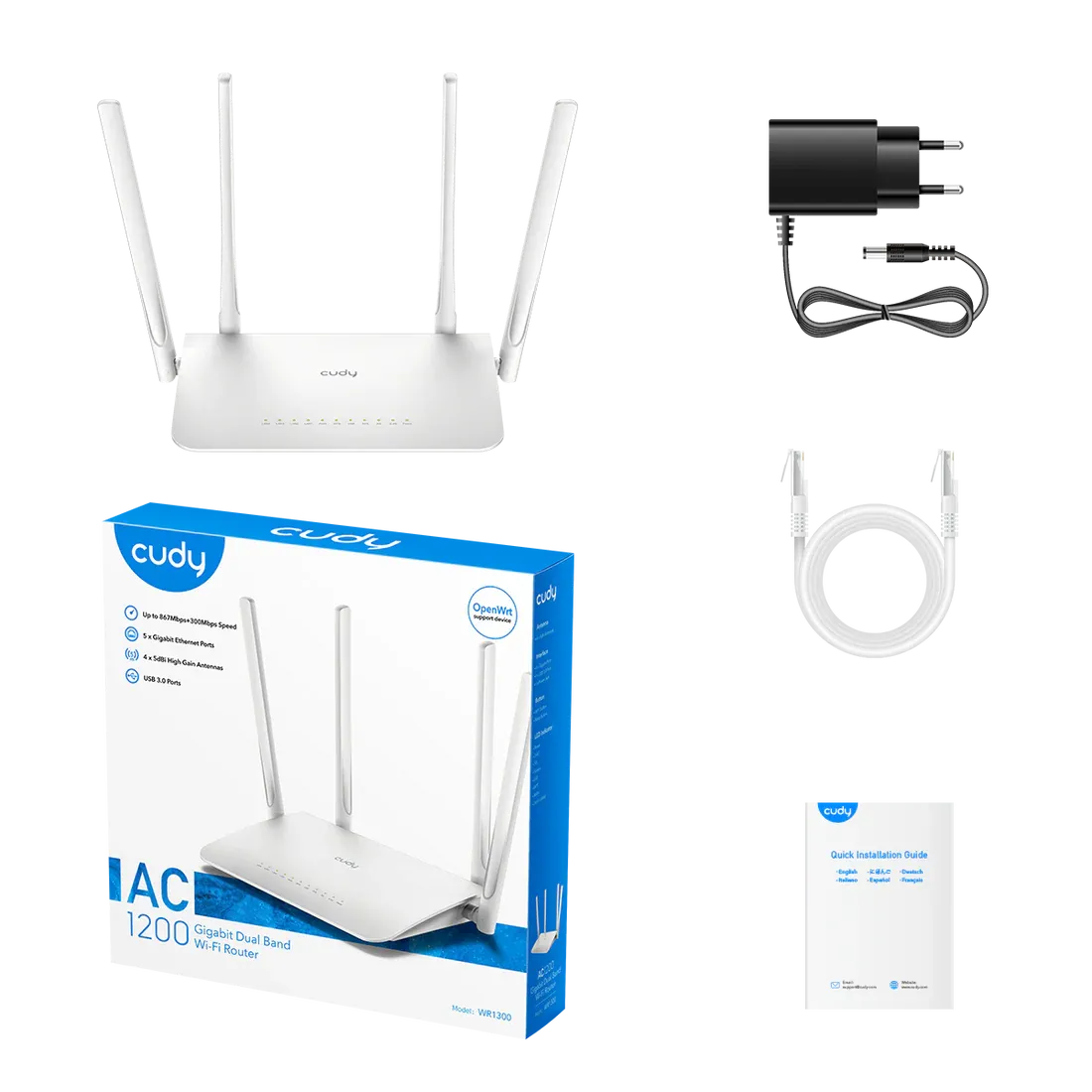 Cudy WR1300 AC1200 Gigabit WiFi Router, Dual Band 867Mbps + 300Mbps, 4× Antennas, MU-MIMO