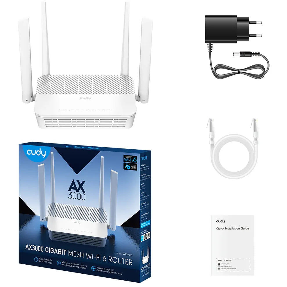 Cudy WR3000S AX3000 WiFi 6 Gigabit Router, Dual Band 2402Mbps + 574Mbps, MU-MIMO, WPA3