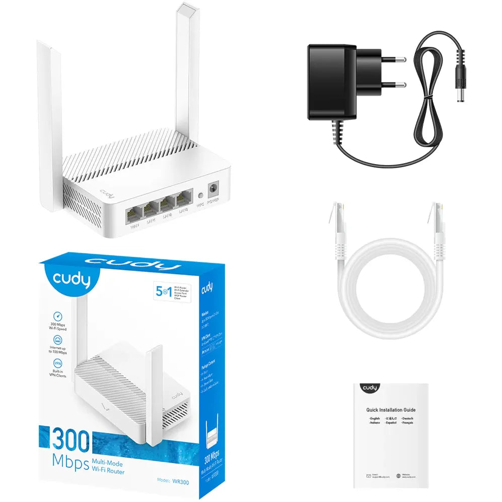 Cudy WR300 موسع نطاق Wi-Fi – مكرر لاسلكي بسرعة 300 ميجابت/ثانية بتردد 2.4 جيجاهرتز، نقطة وصول وجهاز توجيه مع زر WPS ومؤشر إشارة