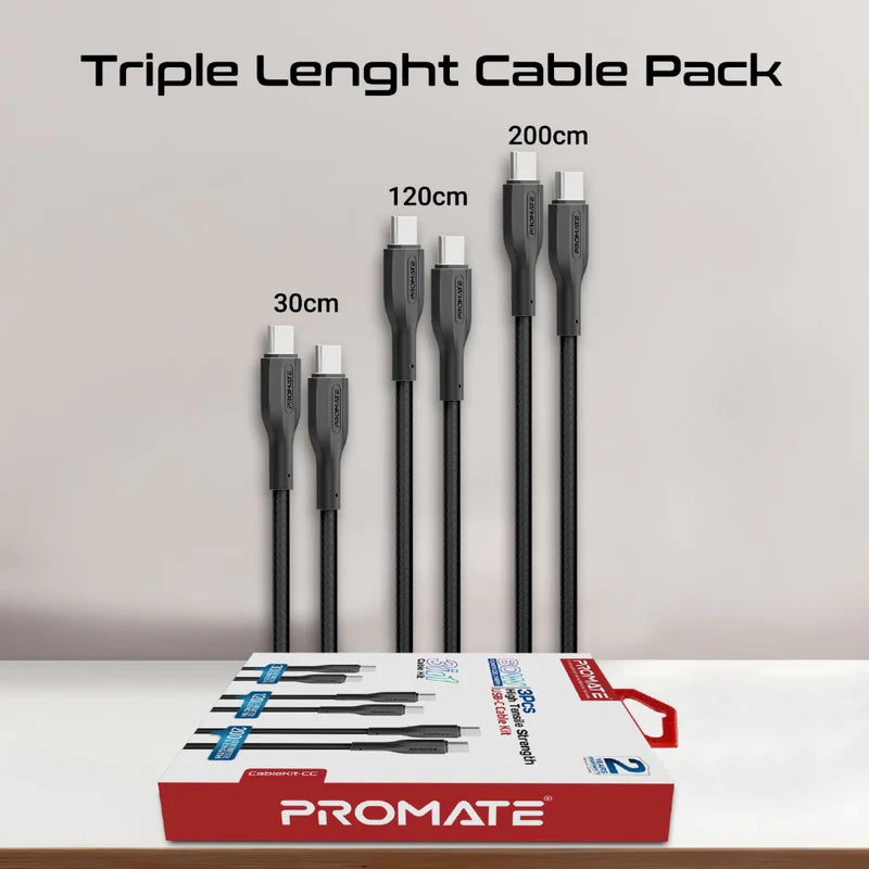 Promate CableKit-CC 3Pcs High Tensile Strength Data & Charge USB-C Cable kit