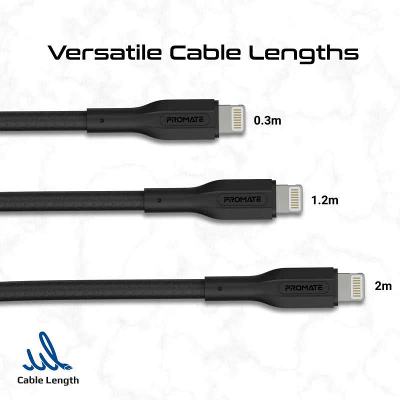 مجموعة كابلات Promate CableKit-Ci، 3 قطع، عالية القوة، 27 واط، من USB-C إلى Lightning