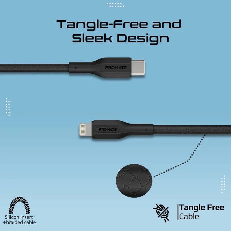 مجموعة كابلات Promate CableKit-Ci، 3 قطع، عالية القوة، 27 واط، من USB-C إلى Lightning