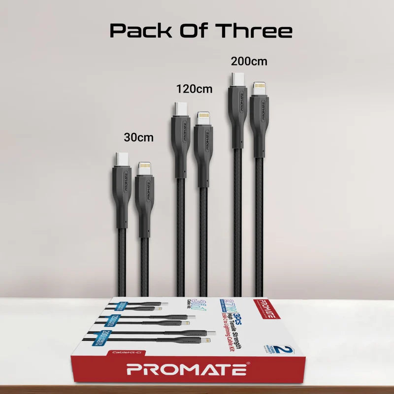 مجموعة كابلات Promate CableKit-Ci، 3 قطع، عالية القوة، 27 واط، من USB-C إلى Lightning