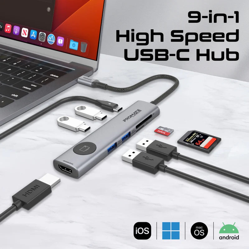 Promate  Multi-Function High Speed USB-C Hub with Screen Privacy Button ComandHub-Lite