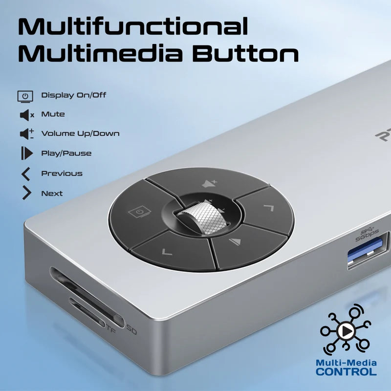 Promate ComandHub‑Pro 14‑in‑1 USB‑C Hub – 100 W PD Input, 4K@60 Hz HDMI, GbE, Dual 5 Gbps USB‑A/C, SD+TF Cards, Multimedia Control Dial