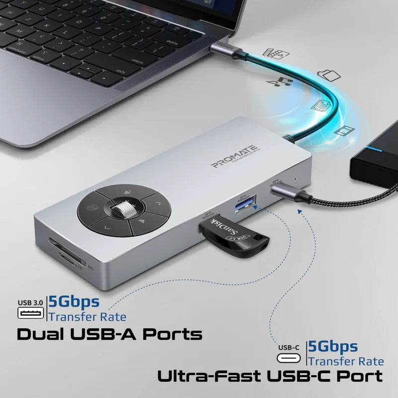 Promate ComandHub‑Pro 14‑in‑1 USB‑C Hub – 100 W PD Input, 4K@60 Hz HDMI, GbE, Dual 5 Gbps USB‑A/C, SD+TF Cards, Multimedia Control Dial