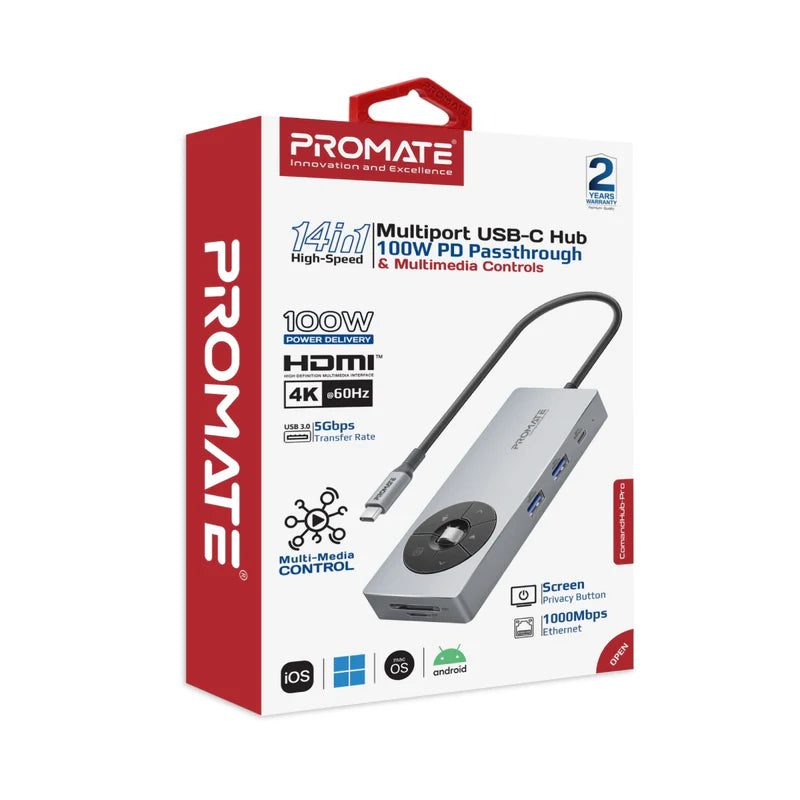 Promate ComandHub‑Pro 14‑in‑1 USB‑C Hub – 100 W PD Input, 4K@60 Hz HDMI, GbE, Dual 5 Gbps USB‑A/C, SD+TF Cards, Multimedia Control Dial