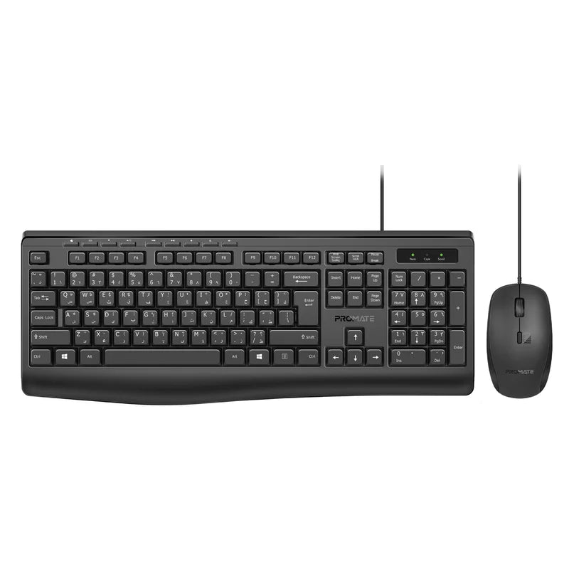 Promate Combo-CM4 ErgoComfort™ Wired Keyboard with Media Keys and 2400 DPI Mouse