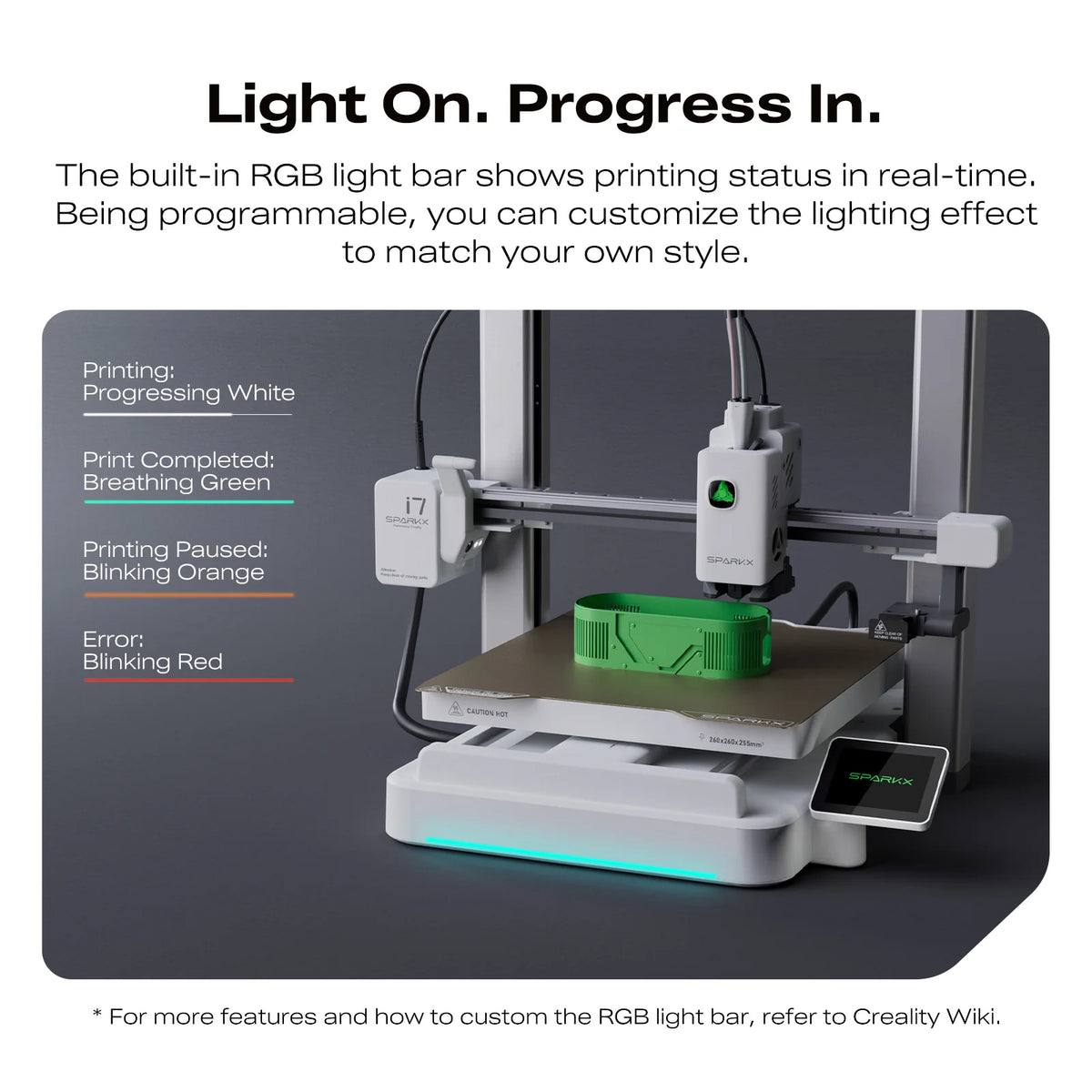 Creality SPARKX i7 Combo 3D Printer – High-Speed Multi-Color FDM – 260 × 260 × 255mm – 500mm/s Printing Speed – 300°C Nozzle – CFS Lite 4-Color System – Auto Bed Leveling – AI Camera – Wi-Fi Connectivity