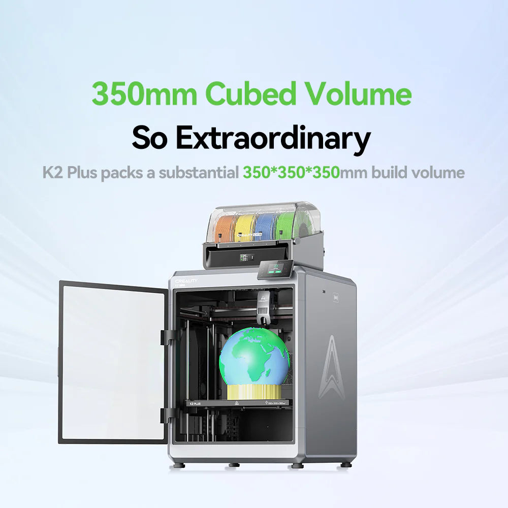 طابعة Creality K2 Plus Combo ثلاثية الأبعاد متعددة الألوان، بحجم بناء 350×350×350 مم، وسرعة عالية تبلغ 600 مم/ثانية بتقنية CoreXY، مع نظام CFS مرفق، ودعم حتى 16 لونًا، وفوهة بدرجة حرارة 350°م، وكاميرات ذكاء اصطناعي