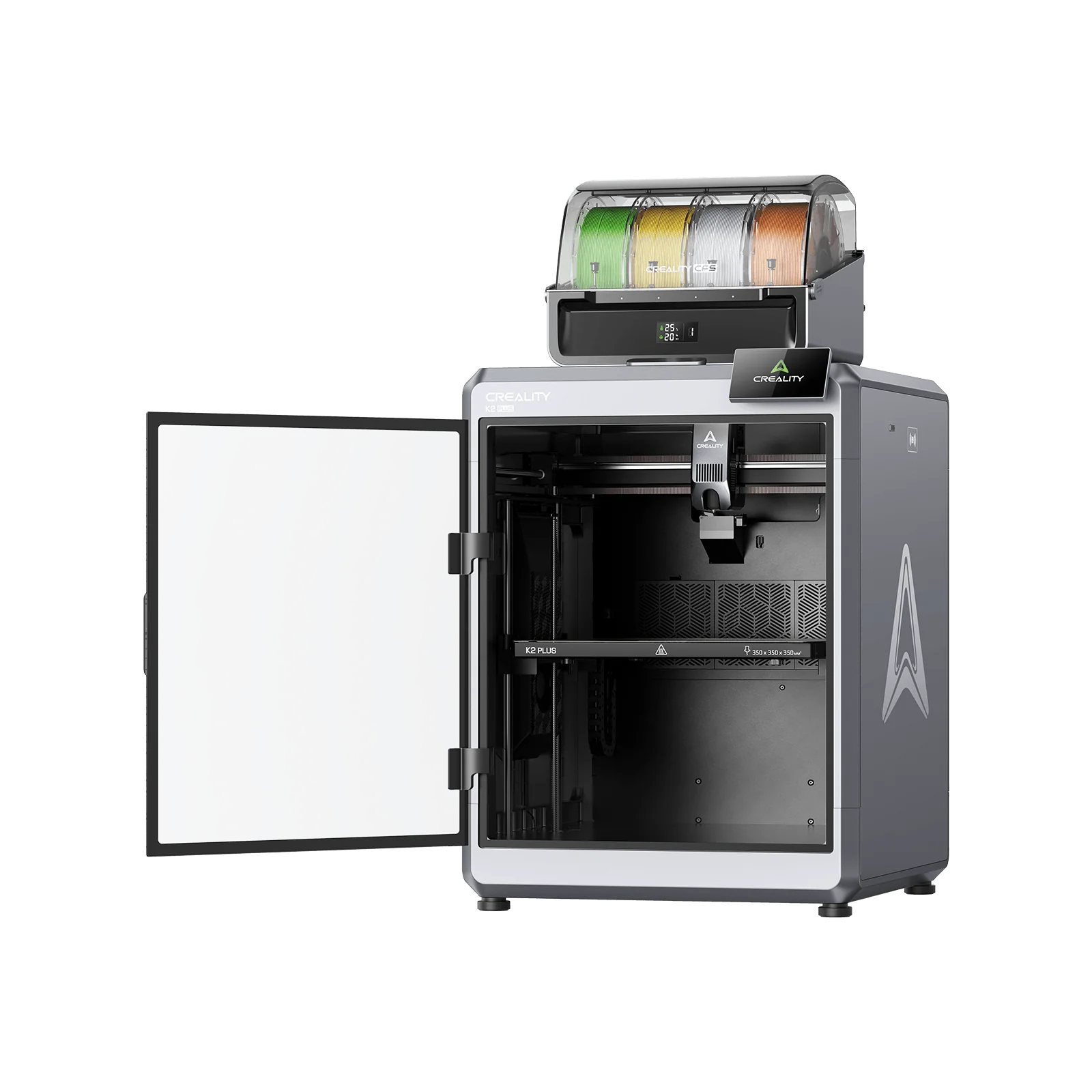 طابعة Creality K2 Plus Combo ثلاثية الأبعاد متعددة الألوان، بحجم بناء 350×350×350 مم، وسرعة عالية تبلغ 600 مم/ثانية بتقنية CoreXY، مع نظام CFS مرفق، ودعم حتى 16 لونًا، وفوهة بدرجة حرارة 350°م، وكاميرات ذكاء اصطناعي