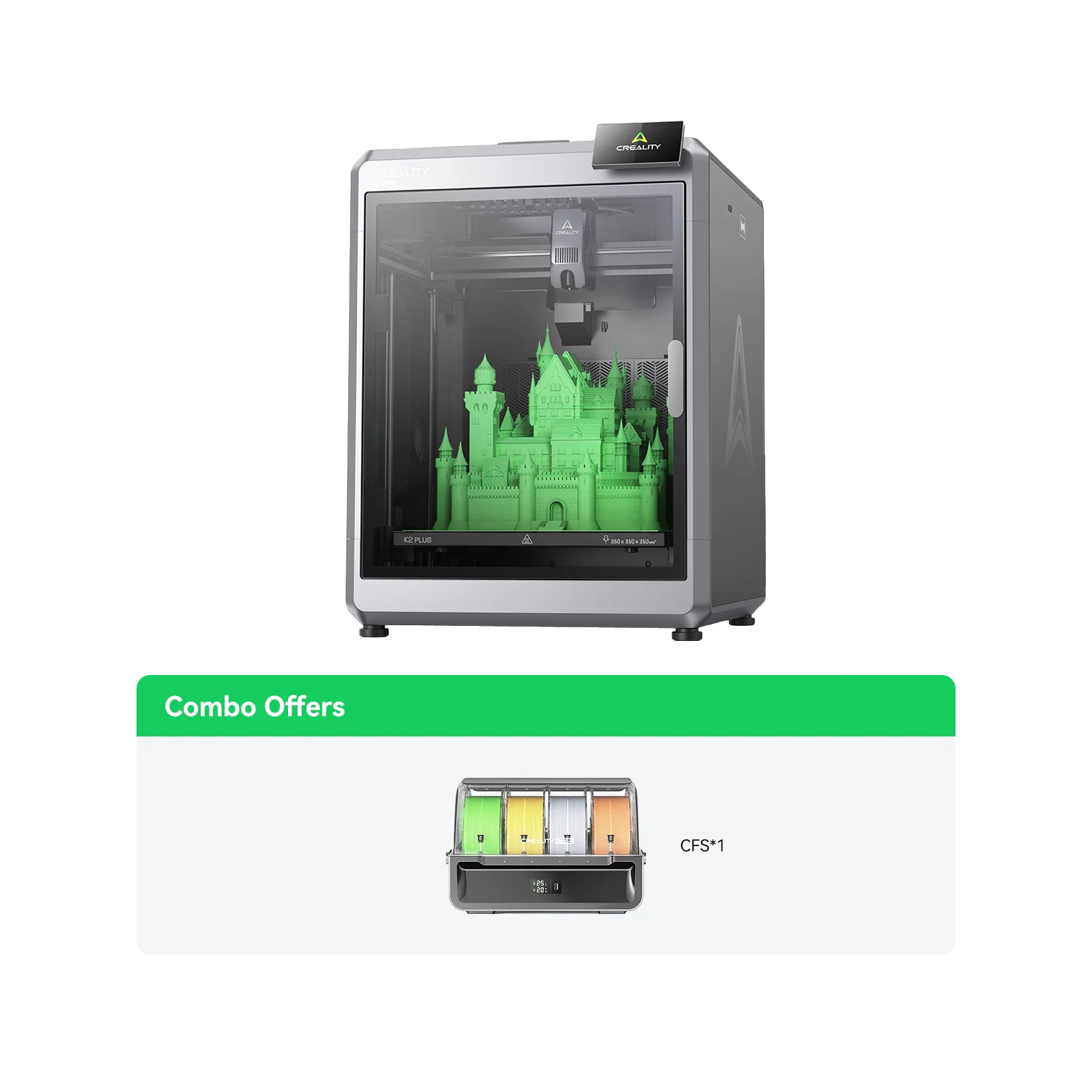 طابعة Creality K2 Plus Combo ثلاثية الأبعاد متعددة الألوان، بحجم بناء 350×350×350 مم، وسرعة عالية تبلغ 600 مم/ثانية بتقنية CoreXY، مع نظام CFS مرفق، ودعم حتى 16 لونًا، وفوهة بدرجة حرارة 350°م، وكاميرات ذكاء اصطناعي