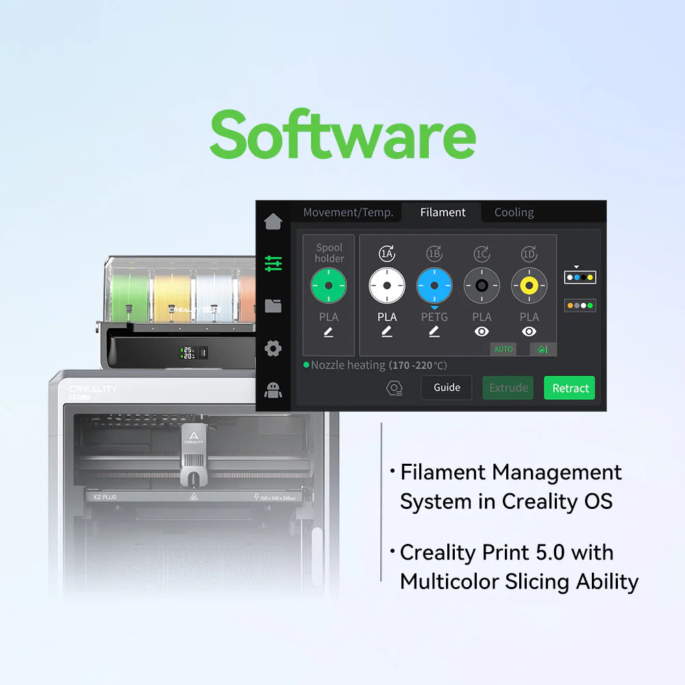 طابعة Creality K2 Plus Combo ثلاثية الأبعاد متعددة الألوان، بحجم بناء 350×350×350 مم، وسرعة عالية تبلغ 600 مم/ثانية بتقنية CoreXY، مع نظام CFS مرفق، ودعم حتى 16 لونًا، وفوهة بدرجة حرارة 350°م، وكاميرات ذكاء اصطناعي