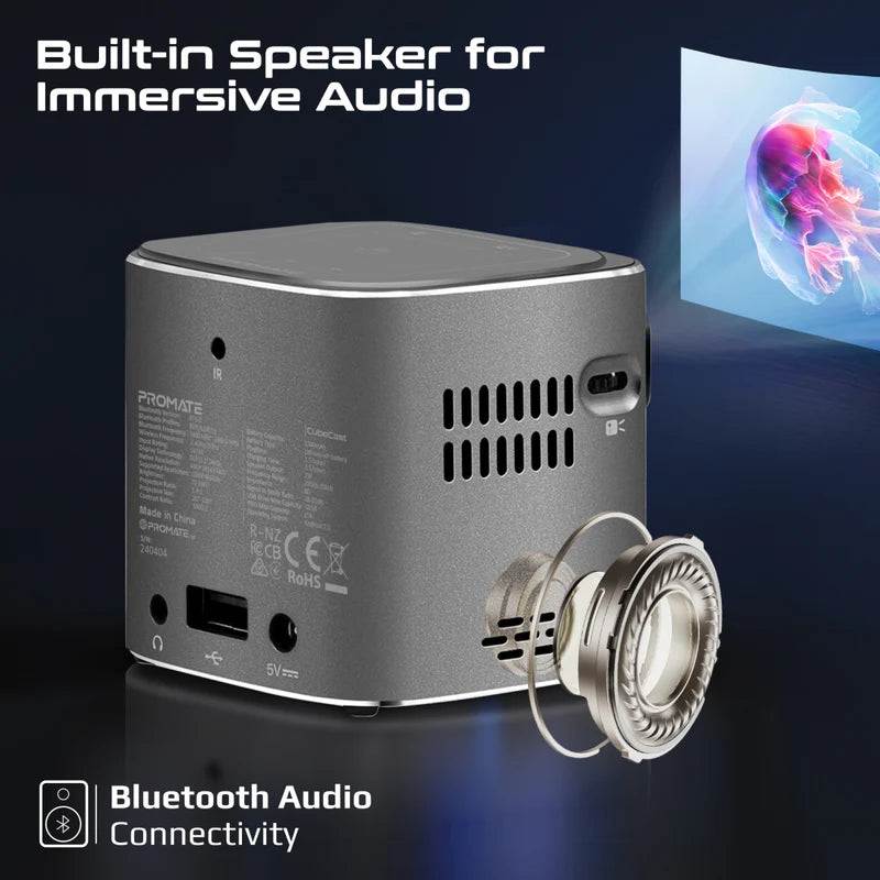 Promate CubeCast Ultra-Mini 1080P Wireless DLP Projector with touch controls