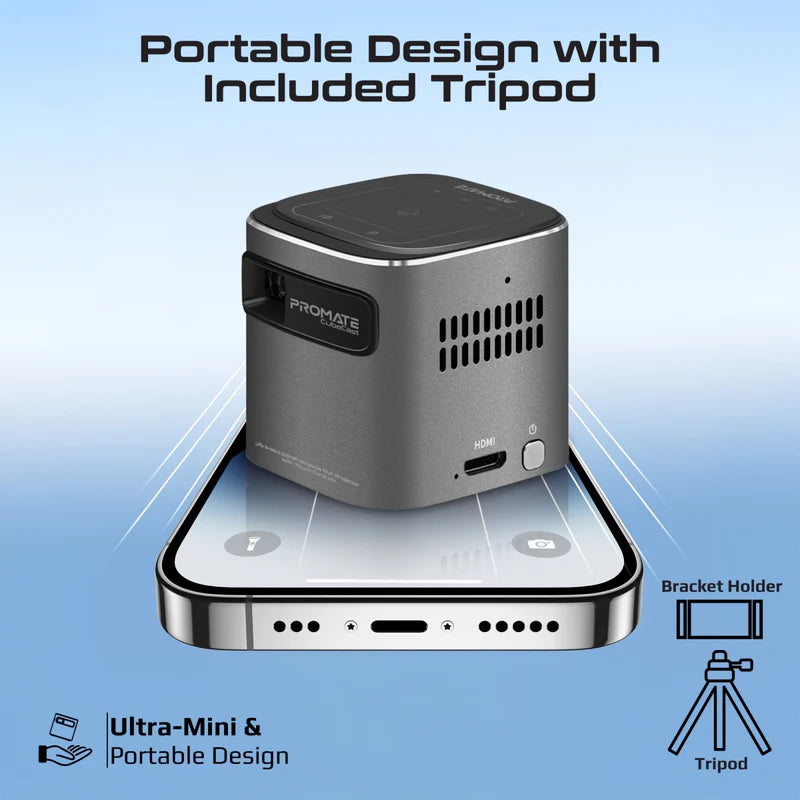 Promate CubeCast Ultra-Mini 1080P Wireless DLP Projector with touch controls