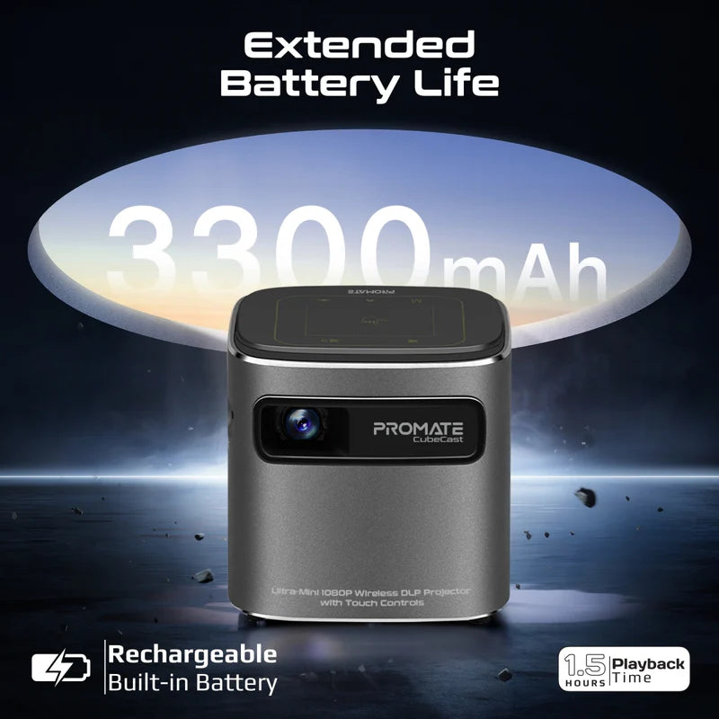 Promate CubeCast Ultra-Mini 1080P Wireless DLP Projector with touch controls