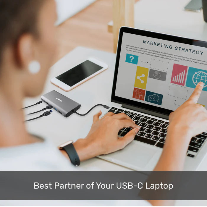 UNITEK uHUB O8+ 8-in-1 USB-C Dual Display Hub مع USB 5 جيجابت في الثانية وشحن PD 100W