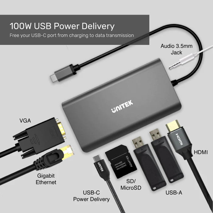 UNITEK uHUB O8+ 8-in-1 USB-C Dual Display Hub مع USB 5 جيجابت في الثانية وشحن PD 100W