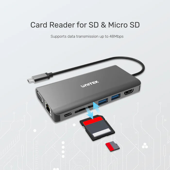 UNITEK uHUB O8+ 8-in-1 USB-C Dual Display Hub مع USB 5 جيجابت في الثانية وشحن PD 100W