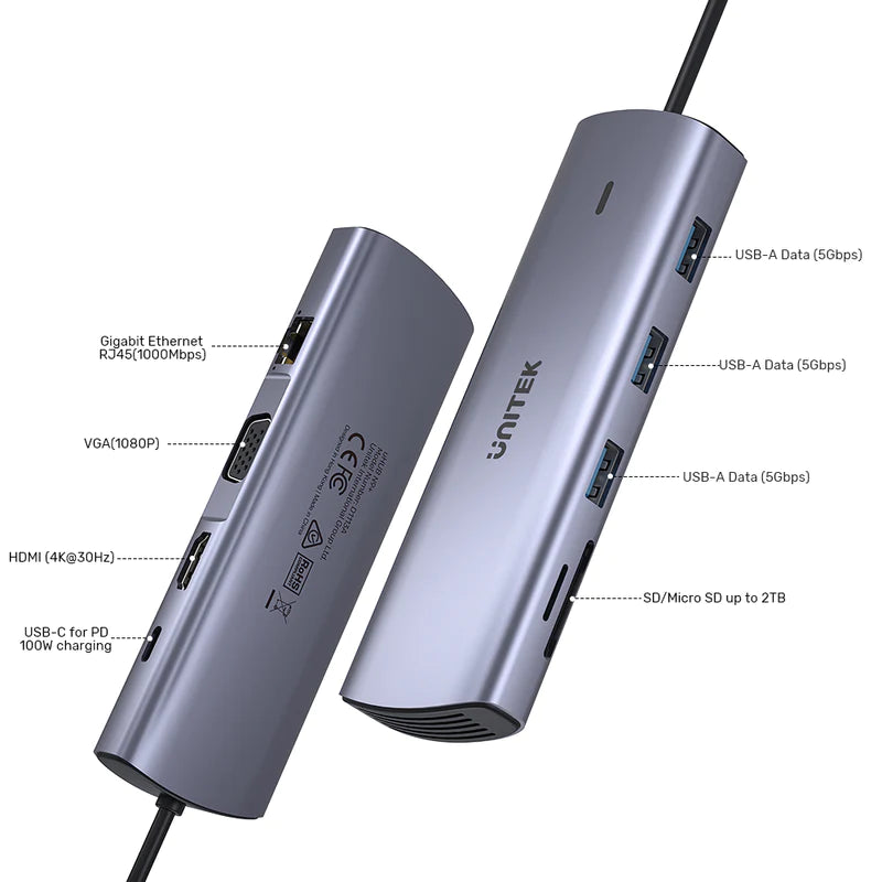 UNITEK 9-in-1 USB-C Hub With Dual Monitors, 100W Power Delivery and Dual-Slot Card Reader