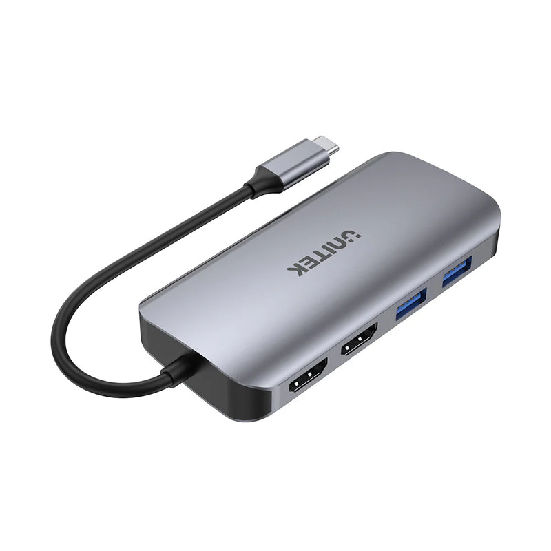 UNITEK 8 في 1 USB-C Hub USB-C 5 جيجابت في الثانية، 2x HDMI 4K، قارئ بطاقات، RJ-45، PD 100W