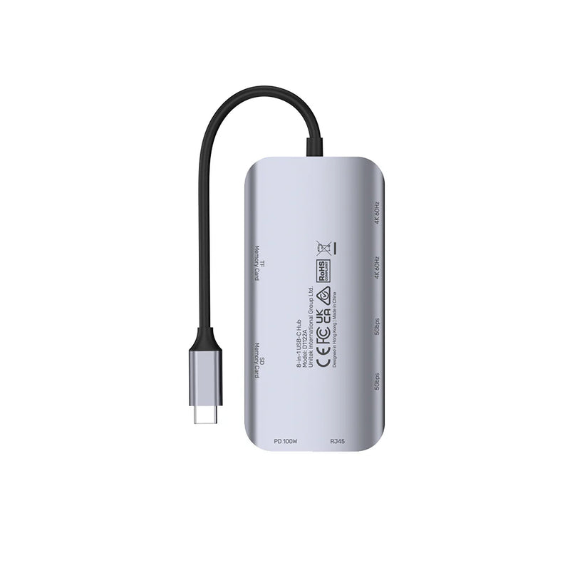 UNITEK 8 في 1 USB-C Hub USB-C 5 جيجابت في الثانية، 2x HDMI 4K، قارئ بطاقات، RJ-45، PD 100W