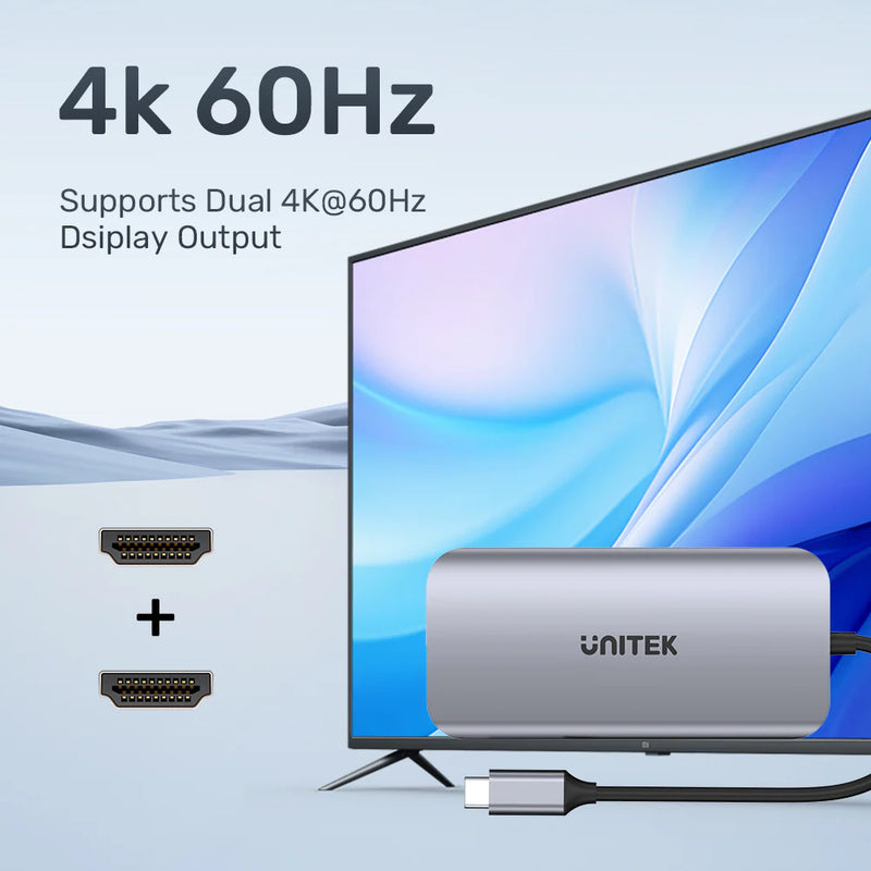 UNITEK 8 في 1 USB-C Hub USB-C 5 جيجابت في الثانية، 2x HDMI 4K، قارئ بطاقات، RJ-45، PD 100W